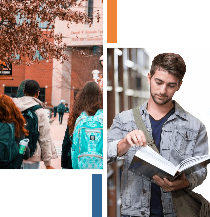 Students on the left going to the campus and student on the right holding a book.